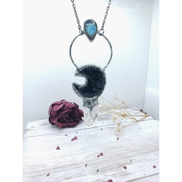 Labadorite and Obsidian Crystal Moon and kunzite crystal statement necklace - Picture 6 of 12